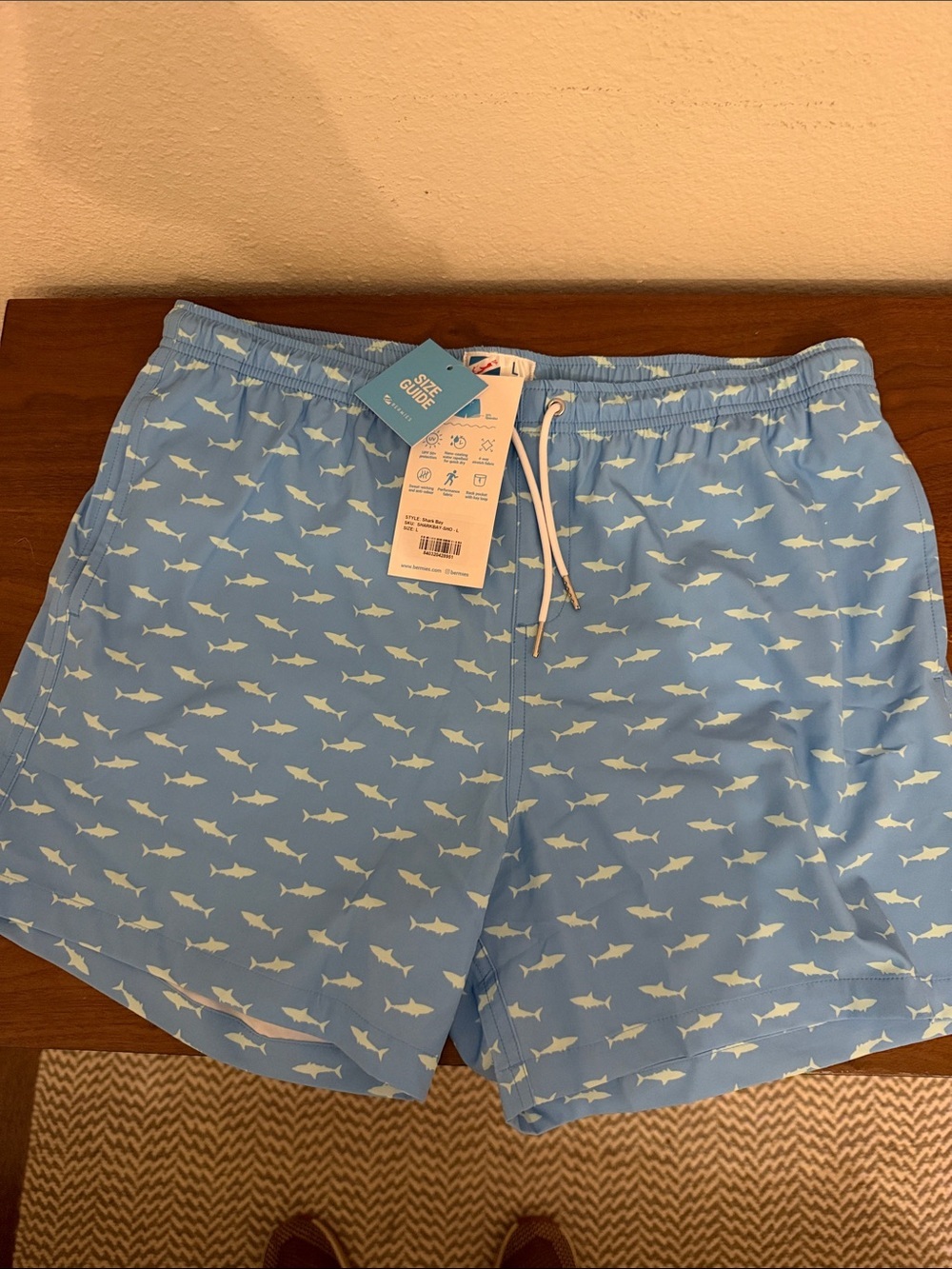 Bermies Men's 4” Light Blue Shark Print Swim Shorts